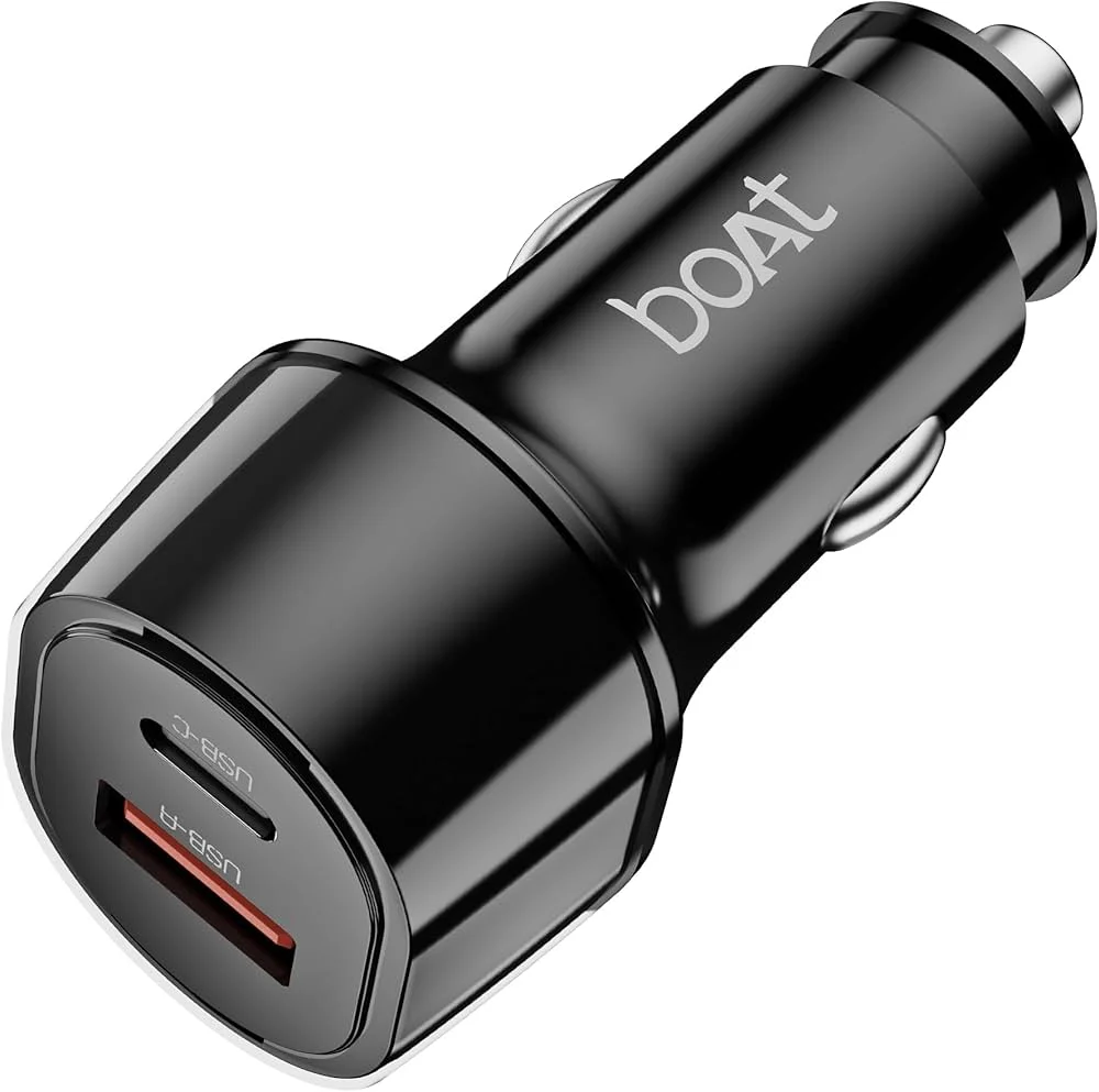 Boat 55W Car Charger with Dual Port USB-A and USB-C; Supports QC, PD & PPS Advanced Charging Protocols | 12-Layer Smart IC Protection | Compact, Lightweight, Heat & Scratch Resistant (Carbon Black)